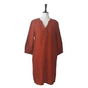 Garnet Hill Dress Split Neck 3/4 Sleeves Linen Burnt Orange Women’s Size Medium